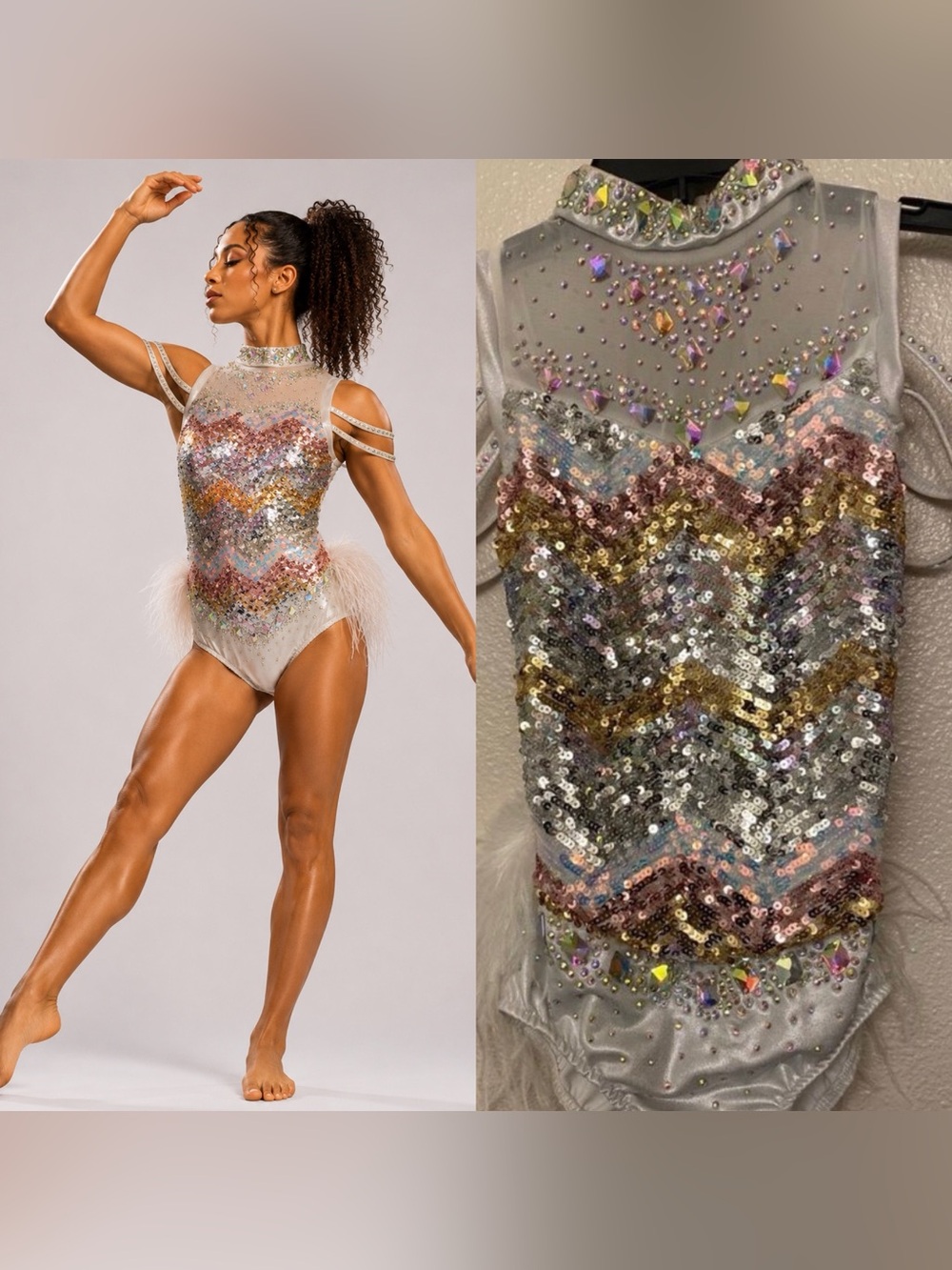 Glamour solo dance costume jazz sassy silver sequin rhinestoned feather SA adult